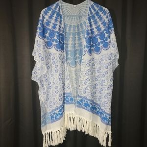 Kimono Elephant Floral Mandala Print Blue Polyester Fringe Vest Throw Poncho XL